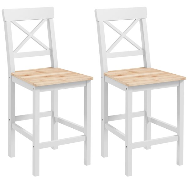 HOMCOM Set di 2 Sgabelli Bar, Sgabelli Cucina Alti con Schienale Alto, Poggiapiedi, in Legno di Pino, Naturale e Bianco | Aosom Italy