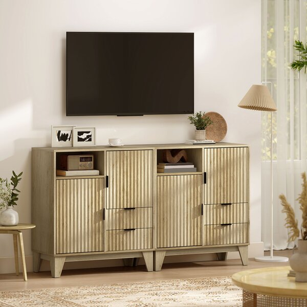 HOMCOM Buffet soggiorno 2 porte cannelate, 2 cassetti, ripiano regolabile, vano aperto, 80 x 40 x 90 cm, legno naturale | Aosom Italy