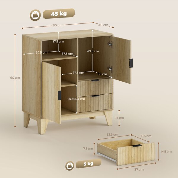 HOMCOM Buffet soggiorno 2 porte cannelate, 2 cassetti, ripiano regolabile, vano aperto, 80 x 40 x 90 cm, legno naturale | Aosom Italy