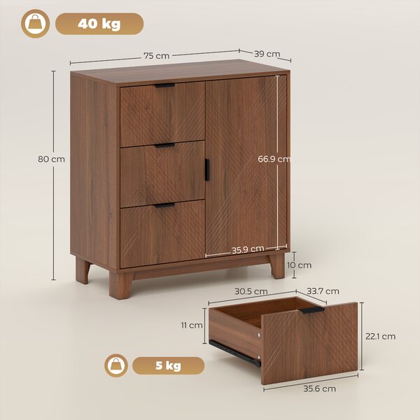 HOMCOM Buffet soggiorno, con anta, 3 cassetti e ripiano regolabile 75 x 39 x 80 cm, Marrone | Aosom Italy