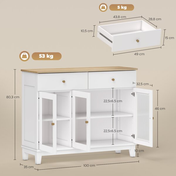 HOMCOM Credenza Cucina con 2 Armadietti e 2 Cassetti, Ante in Vetro Temperato Scanalato, Credenza Buffet Soggiorno con e Ripiani Regolabili, per Sala da Pranzo, 100x35x80.3 cm, Bianco e Rovere | Aosom Italy