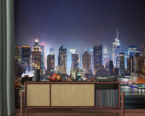 Carta da parati Skyline della città di notte con luci che si riflettono sull'acqua, Carta da parati citta, Carta da parati popolare, u54515 - Tapeko.it