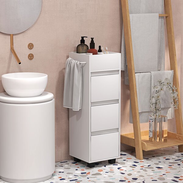 HOMCOM Mobiletto da bagno con 4 scomparti, 3 cassetti e porta asciugamani, dim. 35 x 30 x 90 cm, bianco