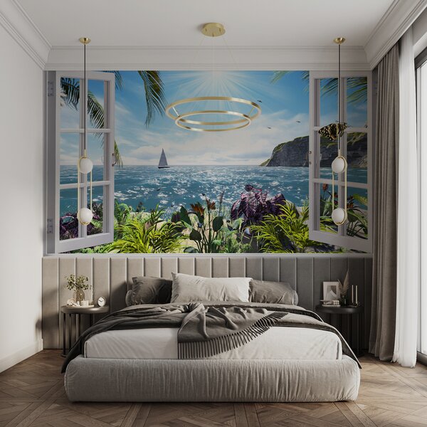 Carta da parati Finestra con vista sull'oceano e su una barca a vela, Carta da parati 3d, Carta da parati popolare, u54608 - Tapeko.it