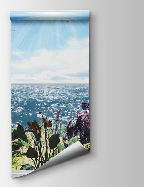 Carta da parati Finestra con vista sull'oceano e su una barca a vela, Carta da parati 3d, Carta da parati popolare, u54608 - Tapeko.it
