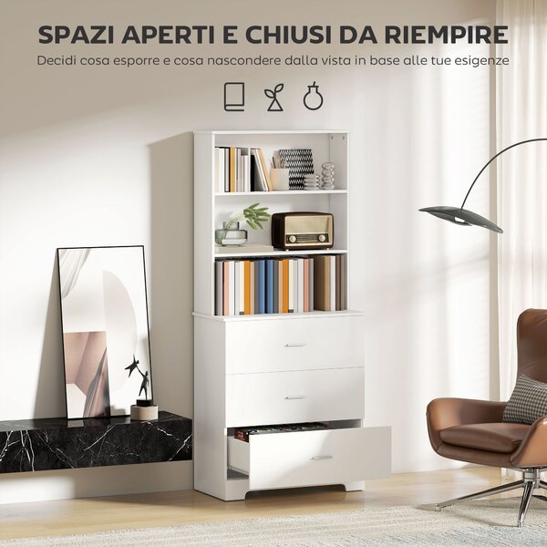 HOMCOM Libreria a Muro con 3 Ripiani Aperti e 3 Cassetti, in Legno, 79x39.5x182.2 cm, Bianco | Aosom Italy
