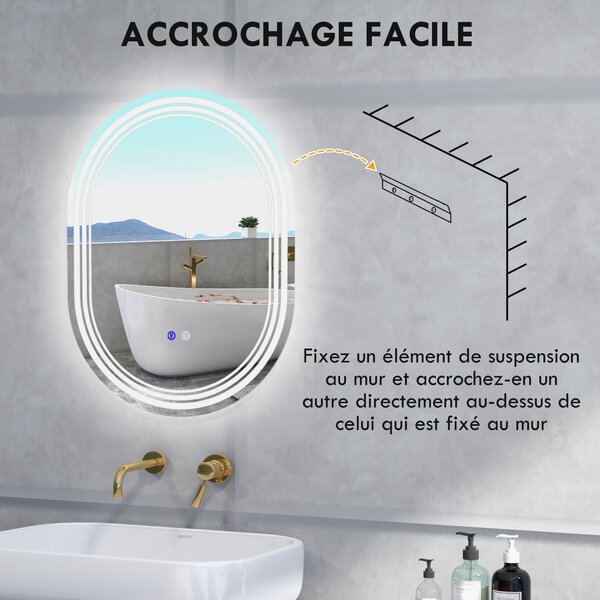 Kleankin Specchio da bagno ovale illuminato a LED 3 colori regolazione luminosità interrupter tattile, anti-appannamento, 70 x 50 cm