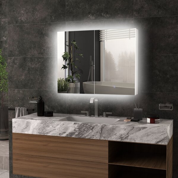 Kleankin Armadio murale con specchio e illuminazione a LED per Bagno 2 in 1, dim. 90L x 15l x 70H cm