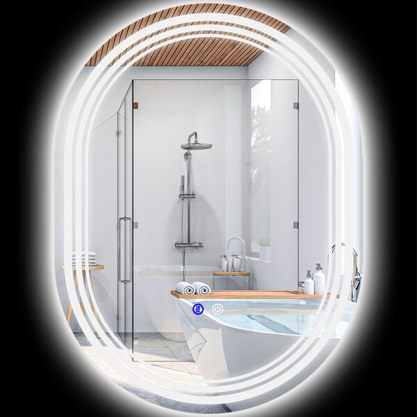 Kleankin Specchio da bagno ovale illuminato a LED 3 colori regolazione luminosità interrupter tattile, anti-appannamento, 70 x 50 cm