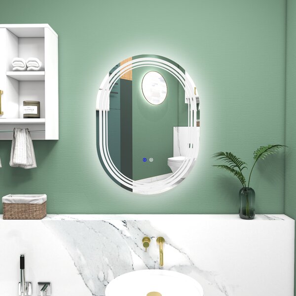 Kleankin Specchio da bagno ovale illuminato a LED 3 colori regolazione luminosità interrupter tattile, anti-appannamento, 70 x 50 cm