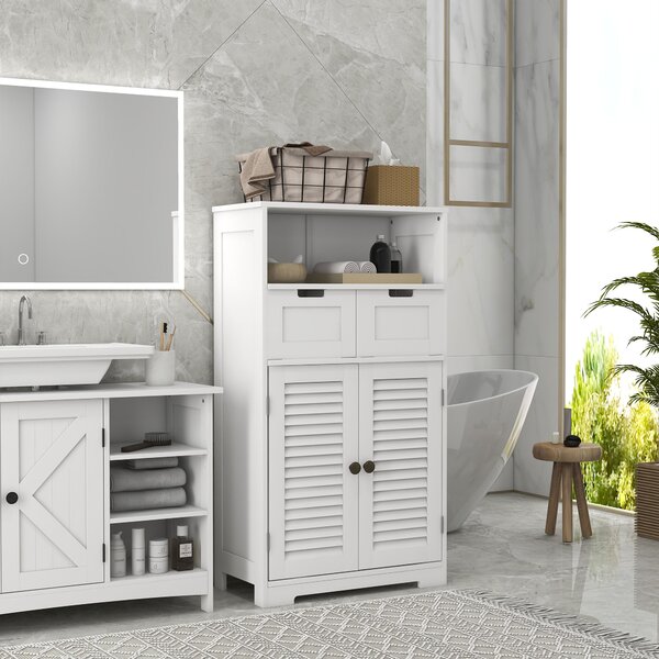 Kleankin Mobiletto per il bagno con armadio a 2 porte, ripiano regolabile, 2 cassetti, nicchia, 61 x 30,5 x 109,5 cm bianco