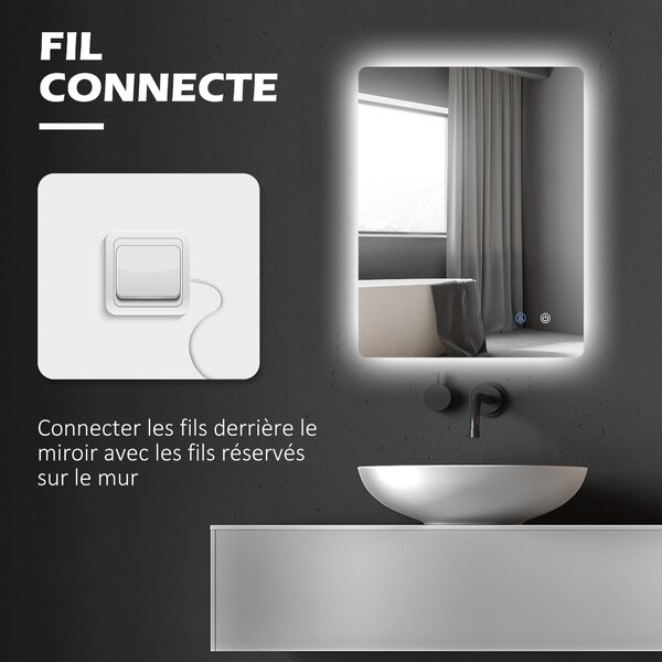 Kleankin Specchio rettangolare luminoso a LED da parete per bagno 80 x 60 cm luminosità regolabile bianco trasparente