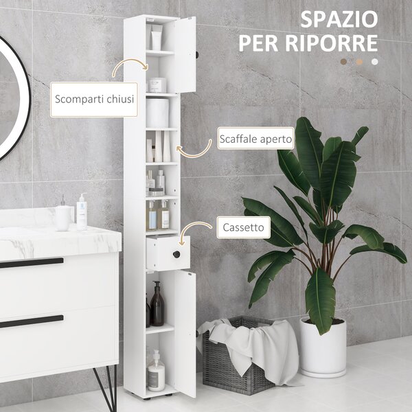 Kleankin Mobile Colonna Bagno con Cassetto, 2 Armadietti e 4 Ripiani Aperti, in Legno, 20x20x180 cm, Bianco | Aosom Italy