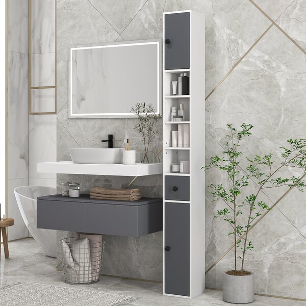 Kleankin Colonna di archiviazione armadio alto per bagno 1 cassetto 4 ripiani regolabili e 2 armadi 20 x 20 x 180 cm grigio