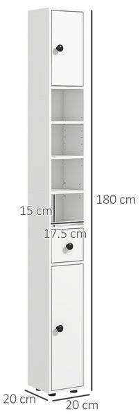 Kleankin Mobile Colonna Bagno con Cassetto, 2 Armadietti e 4 Ripiani Aperti, in Legno, 20x20x180 cm, Bianco | Aosom Italy
