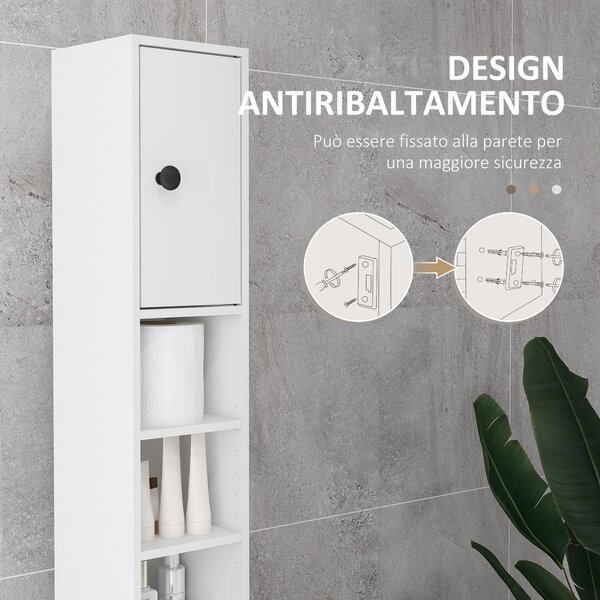 Kleankin Mobile Colonna Bagno con Cassetto, 2 Armadietti e 4 Ripiani Aperti, in Legno, 20x20x180 cm, Bianco | Aosom Italy