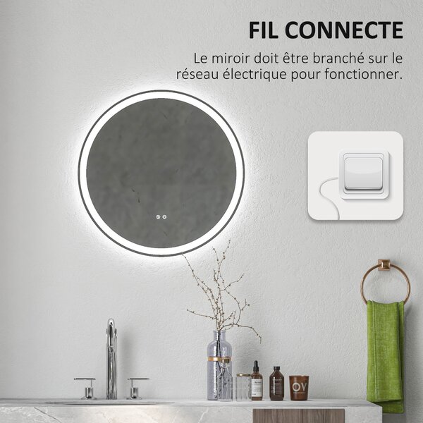Kleankin Specchio rotondo luminoso LED da bagno Ø 60 cm a muro con illuminazione 3 colori interruttore tattile 29W bianco argento