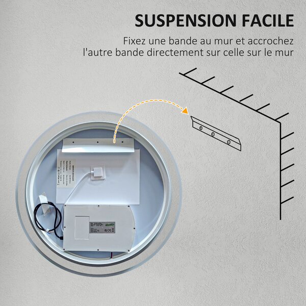 Kleankin Specchio rotondo luminoso LED da bagno Ø 70 cm murale con illuminazione 3 colori interruttore tattile 23W bianco argento