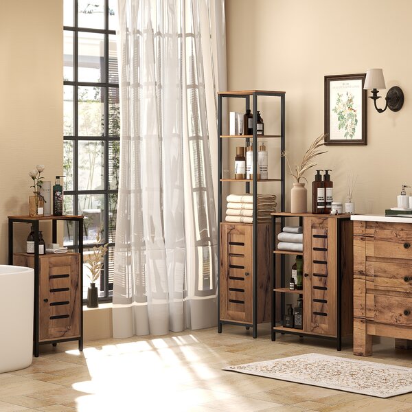 Kleankin Mobile da bagno basso con porta a doghe struttura in acciaio vano aperto 37 x 30 x 85 cm marrone rustico