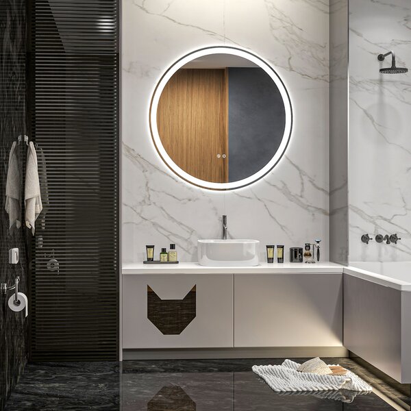 Kleankin Specchio rotondo luminoso LED da bagno Ø 80 cm murale con illuminazione 3 colori interruttore tattile 46W bianco argento