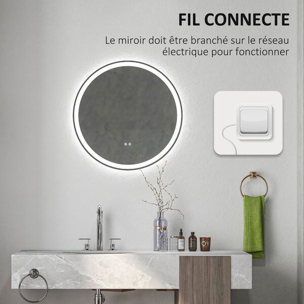 Kleankin Specchio rotondo luminoso LED da bagno Ø 80 cm murale con illuminazione 3 colori interruttore tattile 46W bianco argento