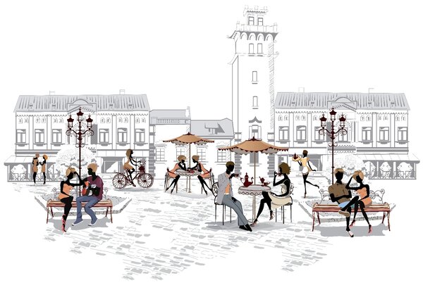 Carta da parati Gruppo di persone sedute su panchine in una città, Carta da parati design, Carta da parati popolare, u56109 - Tapeko.it