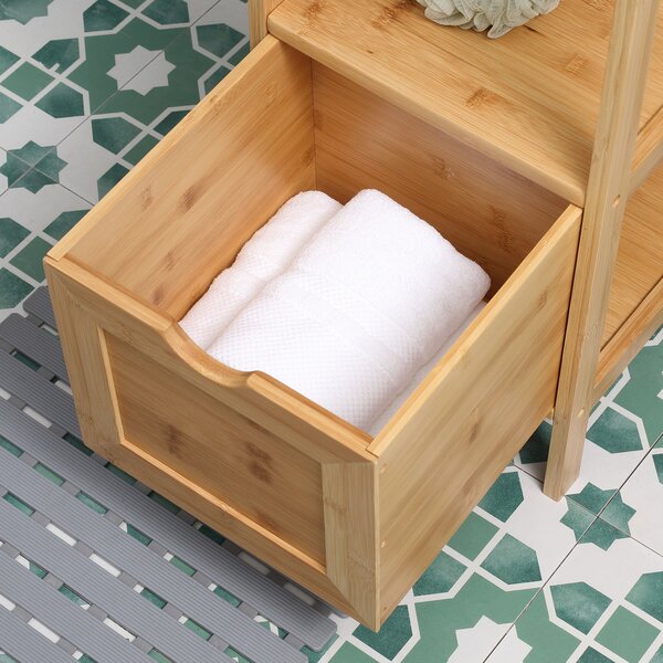 Kleankin Mobile di archiviazione colonna per bagno in bambù 2 cassetti rimovibili e 3 ripiani 30 x 30 x 140 cm naturale