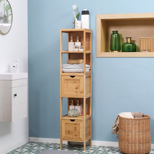 Kleankin Mobile di archiviazione colonna per bagno in bambù 2 cassetti rimovibili e 3 ripiani 30 x 30 x 140 cm naturale
