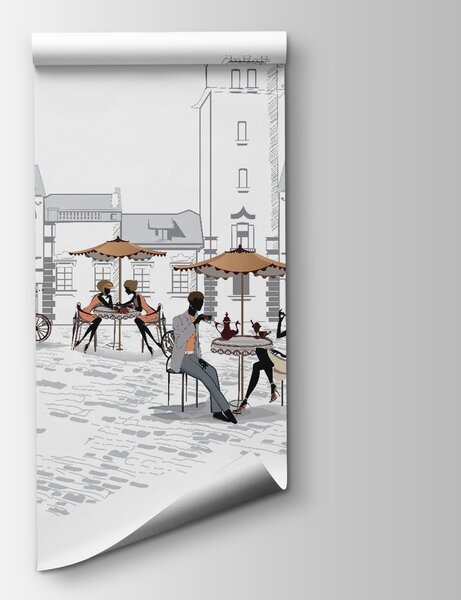 Carta da parati Gruppo di persone sedute su panchine in una città, Carta da parati design, Carta da parati popolare, u56109 - Tapeko.it