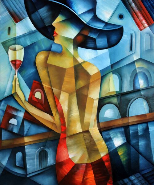 Carta da parati Pittura di una donna con un bicchiere di vino in mano, Carta da parati acquerello sul muro, Carta da parati popolare, u56173 - Tapeko.it