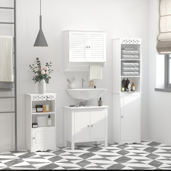Kleankin Mensola Alta da Parete Bagno - Armadio 2 Ante persiane con Mensola - Porta Asciugamani - Legno Bianco