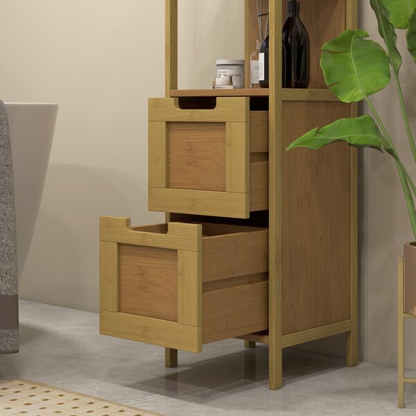 Kleankin Mobile Colonna da Bagno Stile Accogliente dimensioni 30L x 30l x 144H cm 3 ripiani 2 cassetti Bambù