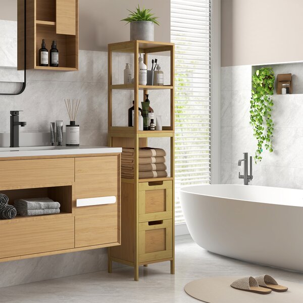 Kleankin Mobile Colonna da Bagno Stile Accogliente dimensioni 30L x 30l x 144H cm 3 ripiani 2 cassetti Bambù