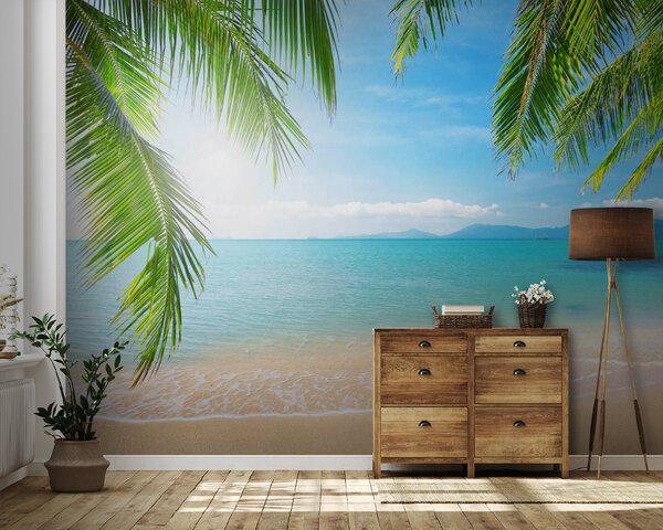 Carta da parati Spiaggia con palme e acqua blu, Carta da parati Mare, Carta da parati popolare, u56790 - Tapeko.it
