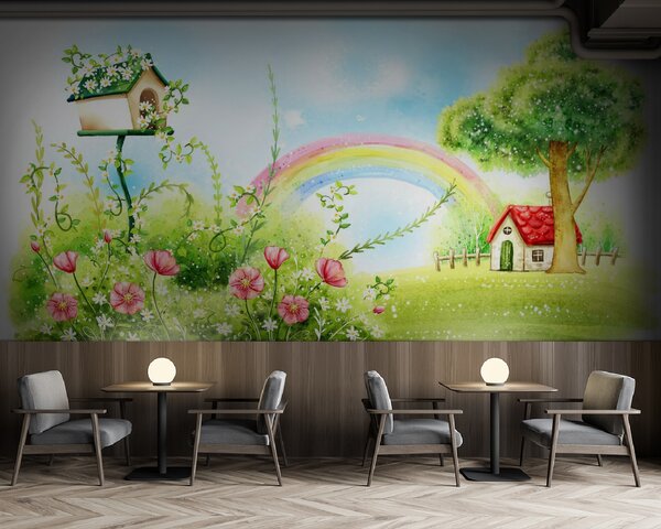 Carta da parati Arcobaleno e fiori in un campo verde, Carta da parati per Bambini, Carta da parati popolare, u57050 - Tapeko.it