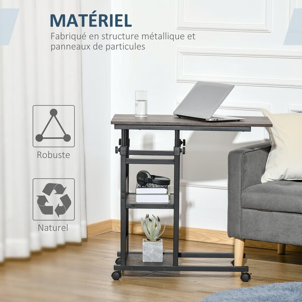 HOMCOM Tavolino d'Appoggio Tavolino Rotante Tavolino da Letto per Computer Portatile Altezza Regolabile - 2 Mensole Integrate - Struttura Metallica Marrone