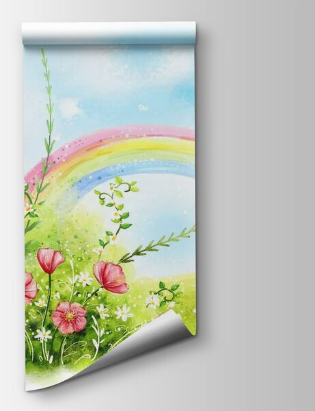 Carta da parati Arcobaleno e fiori in un campo verde, Carta da parati per Bambini, Carta da parati popolare, u57050 - Tapeko.it