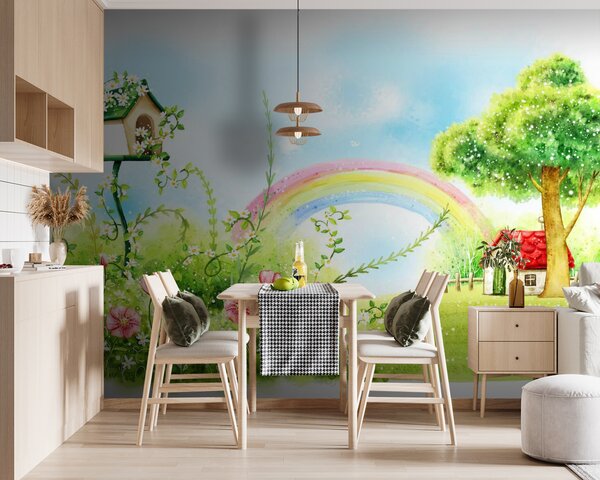 Carta da parati Arcobaleno e fiori in un campo verde, Carta da parati per Bambini, Carta da parati popolare, u57050 - Tapeko.it