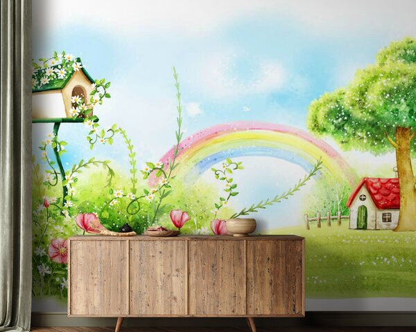 Carta da parati Arcobaleno e fiori in un campo verde, Carta da parati per Bambini, Carta da parati popolare, u57050 - Tapeko.it