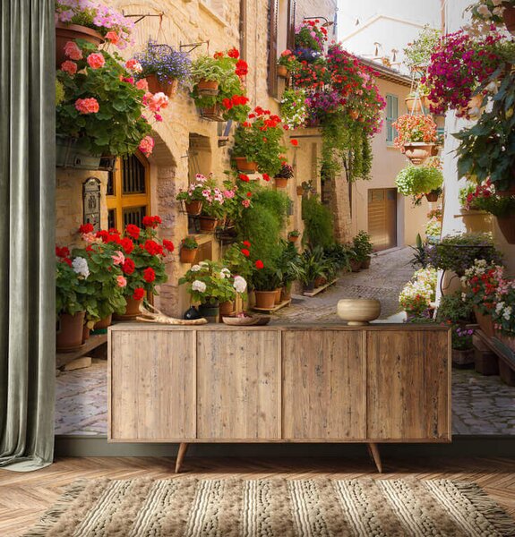 Carta da parati Strada con fiori ai lati, Carta da parati citta, Carta da parati popolare, u57180 - Tapeko.it