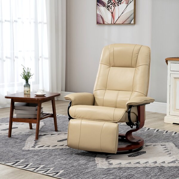 HOMCOM Poltrona relax reclinabile con poggiapiedi regolabile girevole a 360° base in legno rivestimento sintetico crema