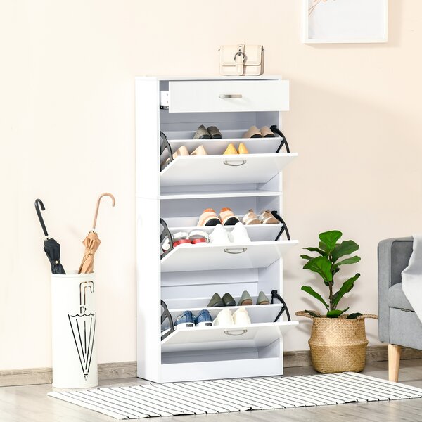 HOMCOM Mobile Portascarpe - 3 Ante ribaltabili e Cassetto Scorrevole - dim. 62L x 24P x 135A cm - maniglie in alluminio Pannello di Particelle Bianco