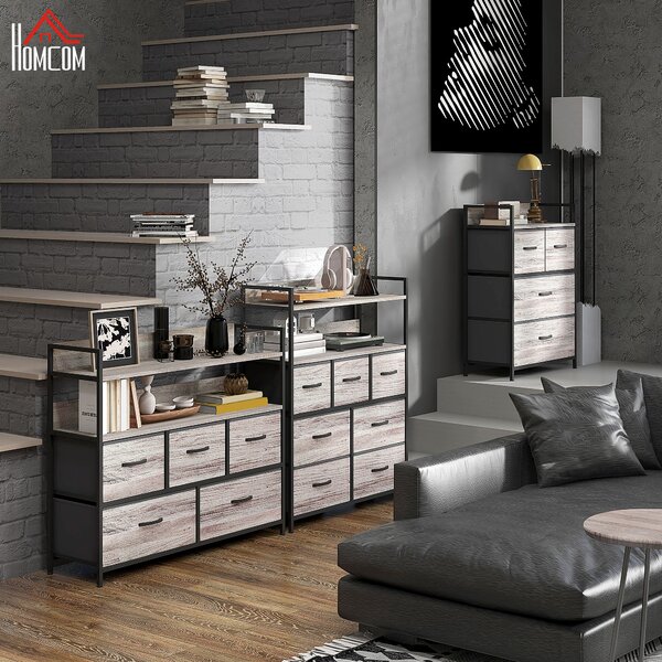 HOMCOM Mobile da camera stile industriale comò 5 cassetti in tessuto pieghevoli e rimovibili e ripiani - 98l x 29P x 85H cm
