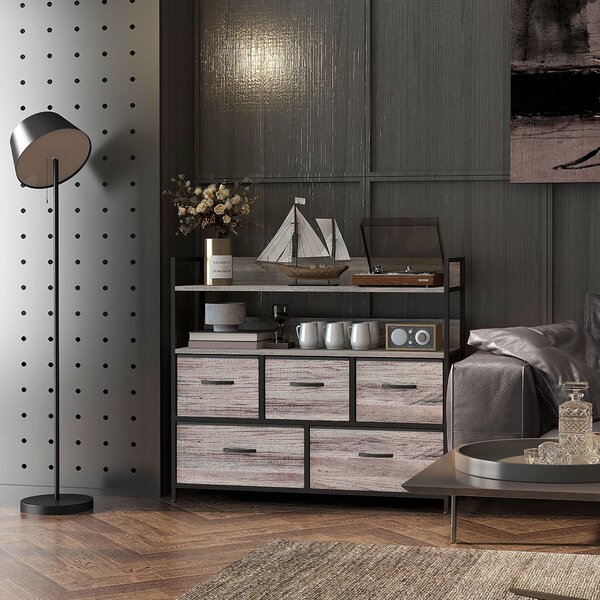 HOMCOM Mobile da camera stile industriale comò 5 cassetti in tessuto pieghevoli e rimovibili e ripiani - 98l x 29P x 85H cm
