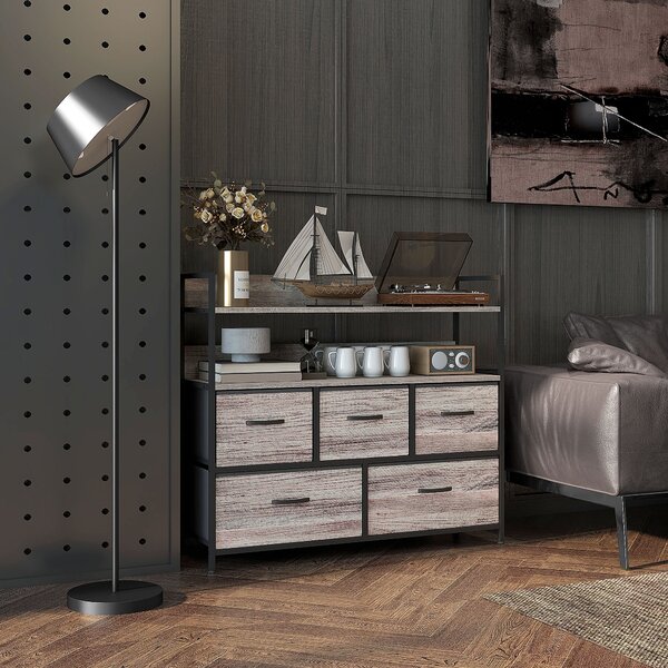 HOMCOM Mobile da camera stile industriale comò 5 cassetti in tessuto pieghevoli e rimovibili e ripiani - 98l x 29P x 85H cm