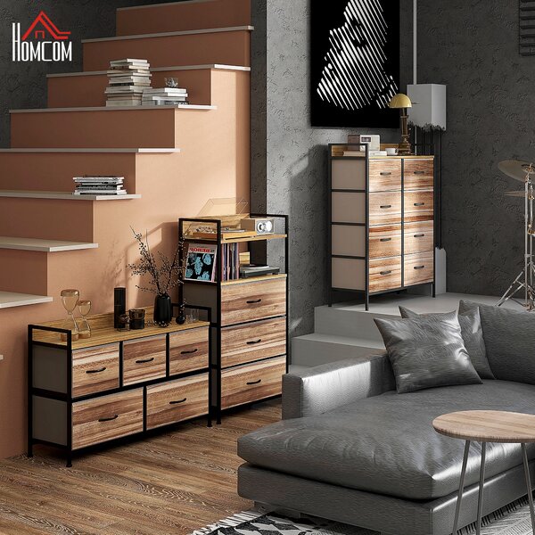 HOMCOM Cassettiera Meuble de Rangement 5 cassette in Tissu 98 x 29 x 63 cm struttura in acciaio nero