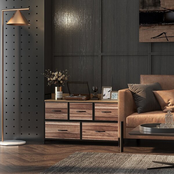 HOMCOM Cassettiera Meuble de Rangement 5 cassette in Tissu 98 x 29 x 63 cm struttura in acciaio nero