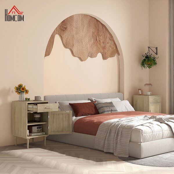 HOMCOM Comodino con armadio e ripiano porta in rattan intrecciato 1 cassetto design bohémien - 40 x 40 x 68,5 cm naturale
