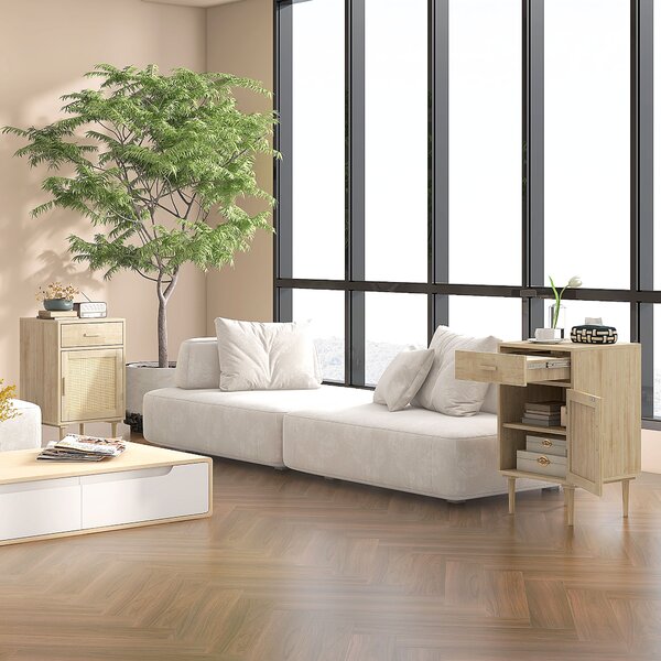 HOMCOM Comodino con armadio e ripiano porta in rattan intrecciato 1 cassetto design bohémien - 40 x 40 x 68,5 cm naturale