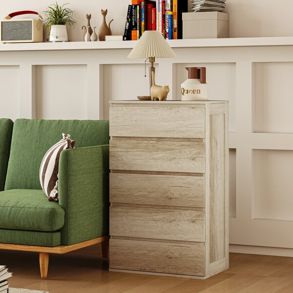 HOMCOM Comò 5 cassetti mobile da archiviazione dal design minimalista senza maniglie 60 x 38 x 100 cm legno naturale